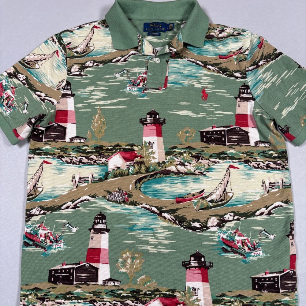 Polo Ralph Lauren Mens Small S Green Allover Print Lighthouse Scenic Mesh Polo